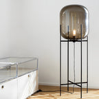Industrial Standing Lamp with Bubble Glass Shade – Black Floor Light for Living Room, Available in Amber and Smoked Gray