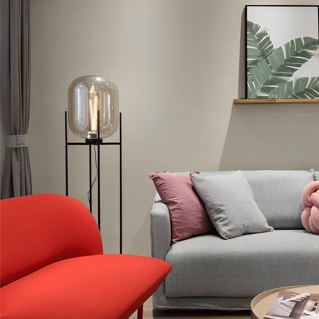 Industrial Standing Lamp with Bubble Glass Shade – Black Floor Light for Living Room, Available in Amber and Smoked Gray