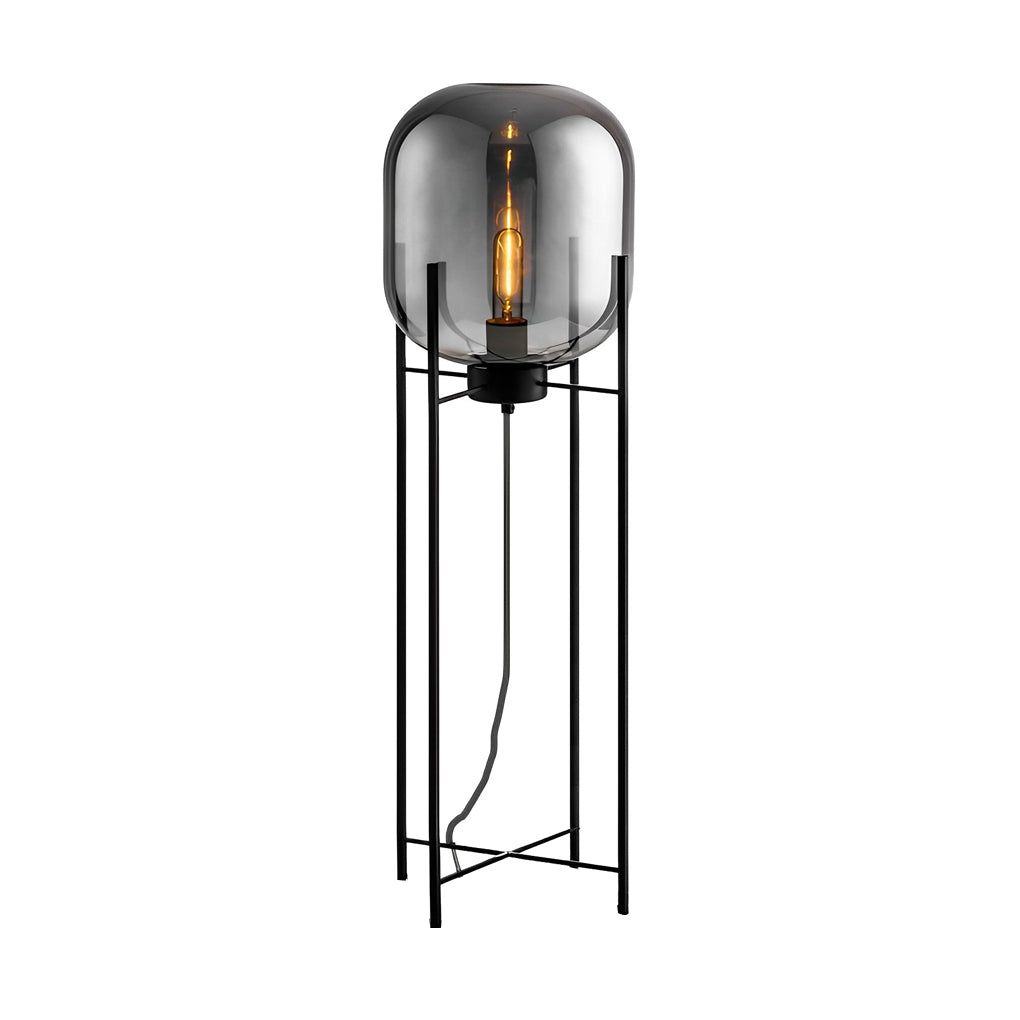 Industrial Standing Lamp with Bubble Glass Shade – Black Floor Light for Living Room, Available in Amber and Smoked Gray