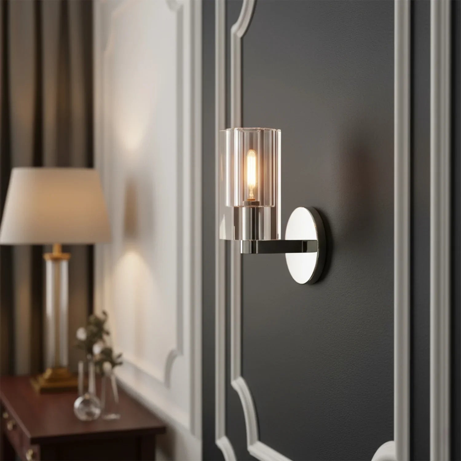 Elegant Industrial Wall Sconce with Textured Glass – Dimmable Crystal Light