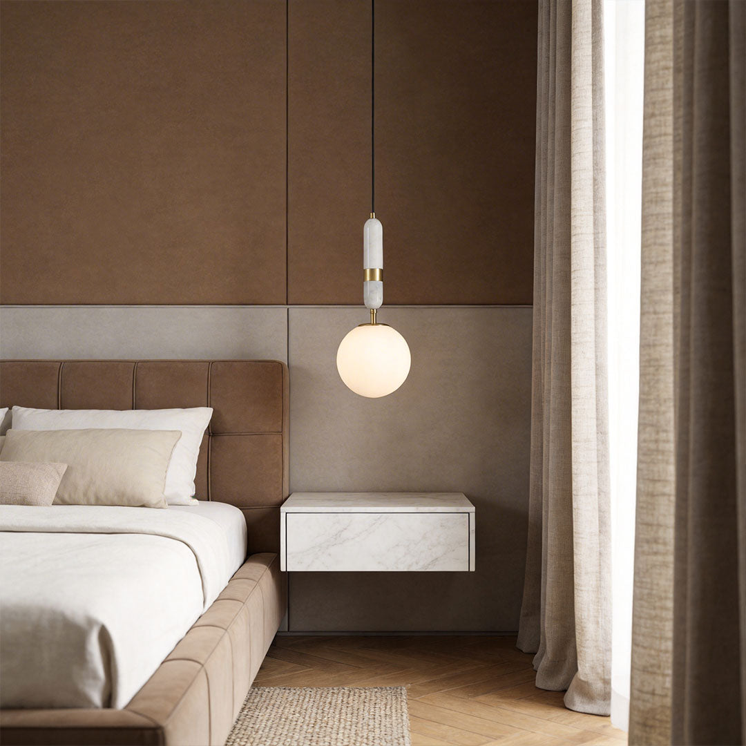 Adjustable LED Pendant Light – Brass and Marble Globe Hanging Fixture