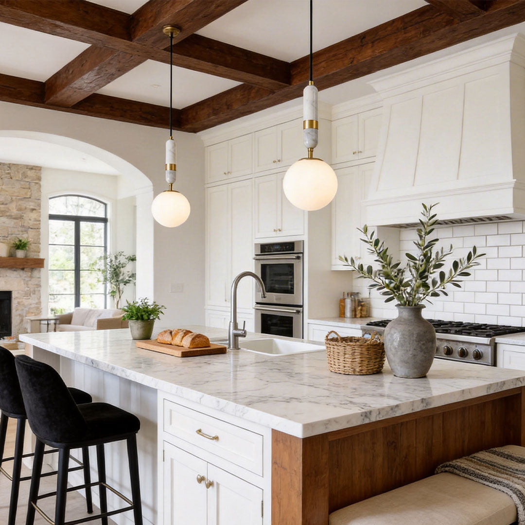 Adjustable LED Pendant Light – Brass and Marble Globe Hanging Fixture