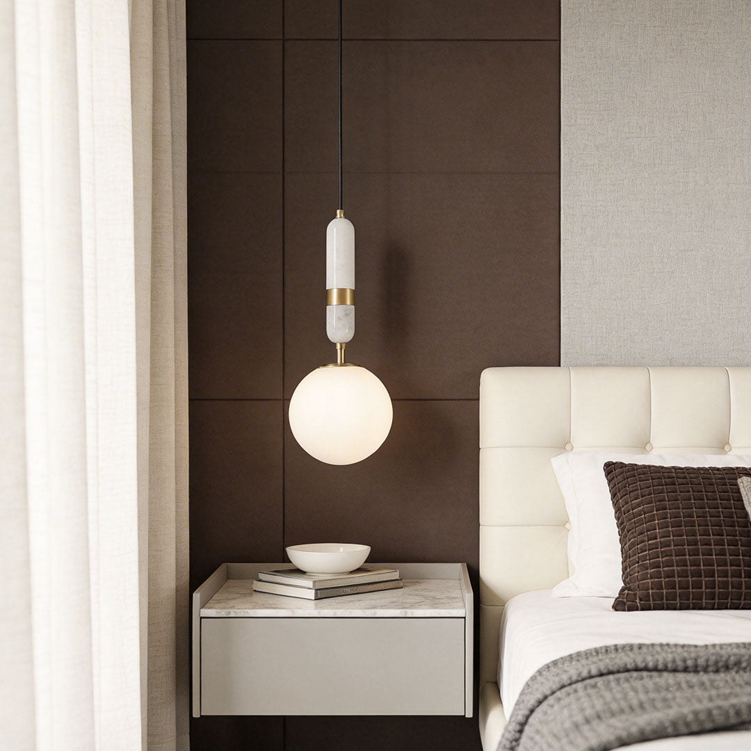 Adjustable LED Pendant Light – Brass and Marble Globe Hanging Fixture