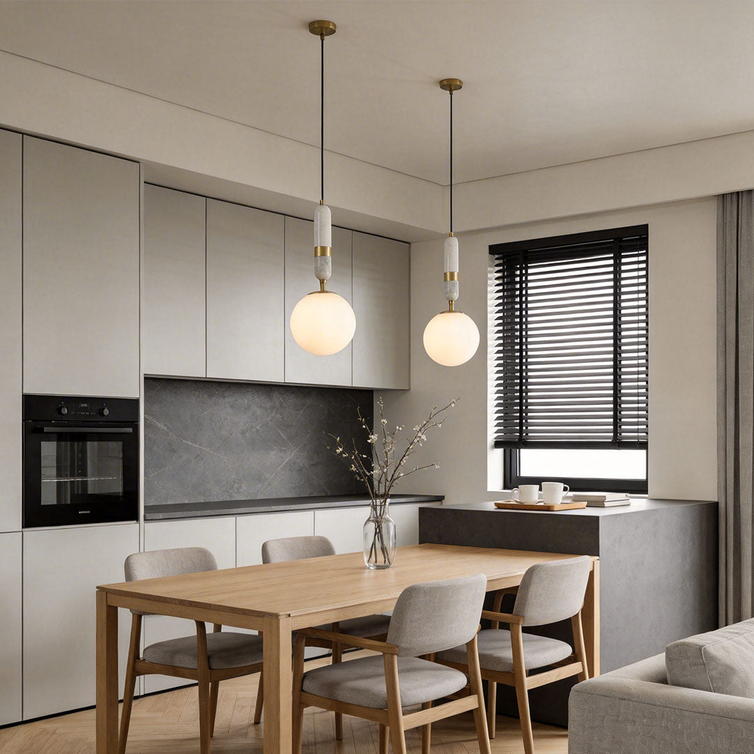 Adjustable LED Pendant Light – Brass and Marble Globe Hanging Fixture