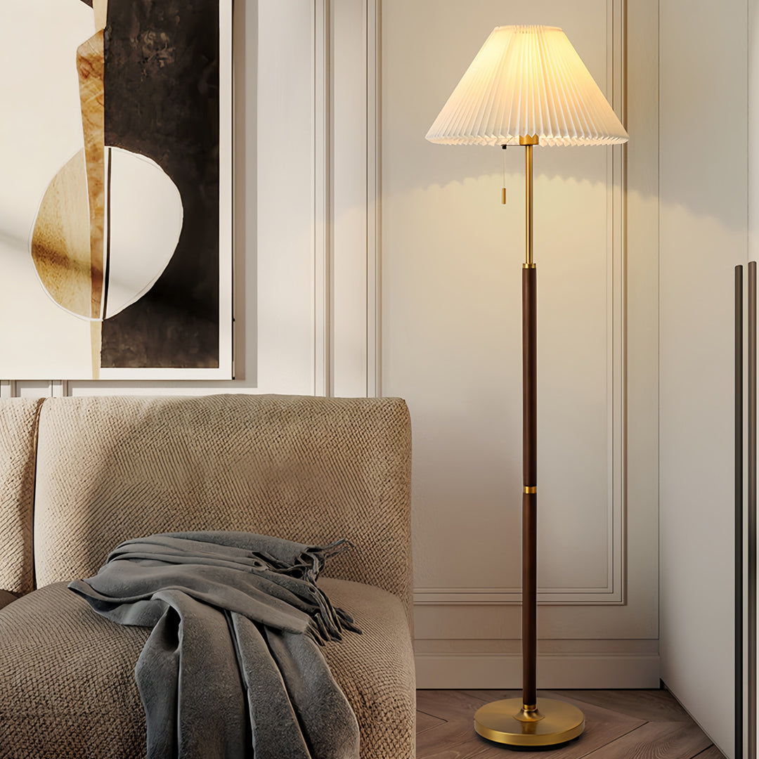 Dimmable LED Floor Lamp with Pleated Fabric Shade – Stylish Wooden Design for Living Room and Bedroom