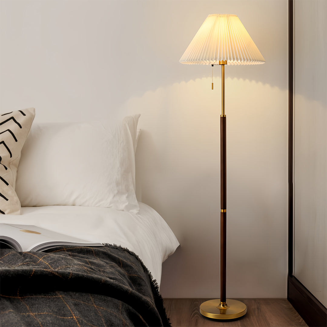 Dimmable LED Floor Lamp with Pleated Fabric Shade – Stylish Wooden Design for Living Room and Bedroom