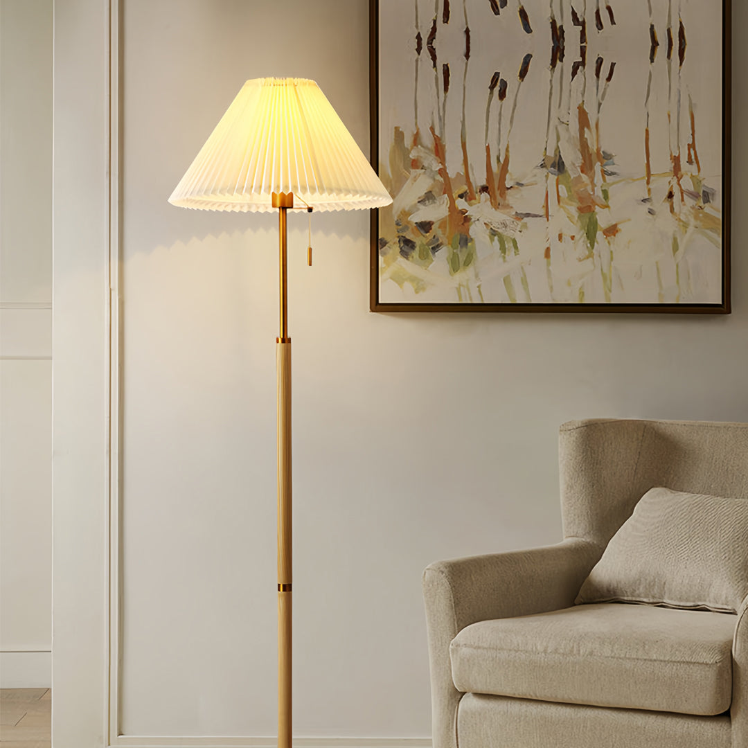 Dimmable LED Floor Lamp with Pleated Fabric Shade – Stylish Wooden Design for Living Room and Bedroom