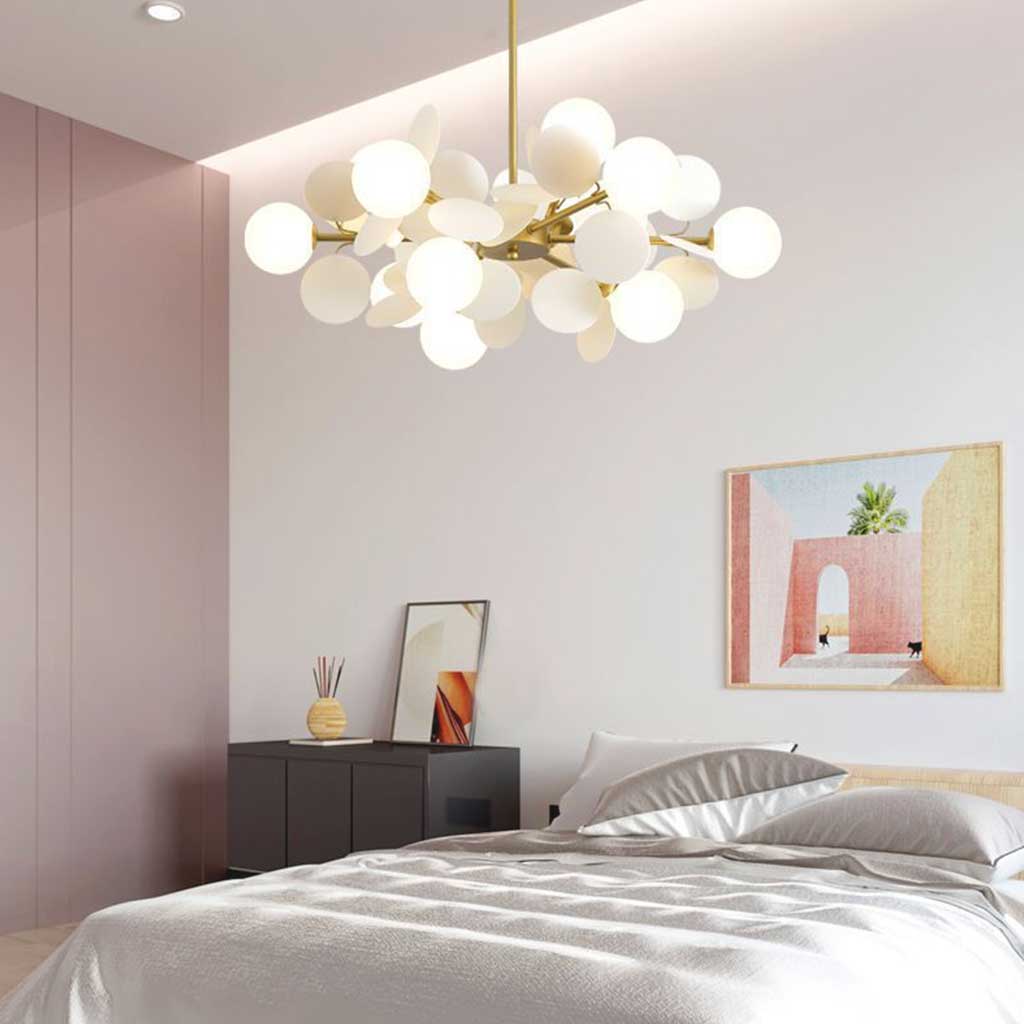 Contemporary Ceiling Fixture Featuring Several Opal Glass Spheres