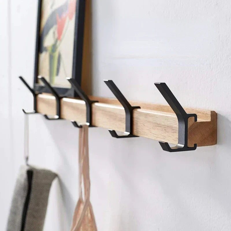 Coat Rack for Wall Mounting | Adjustable Black and Wood Dual Hooks