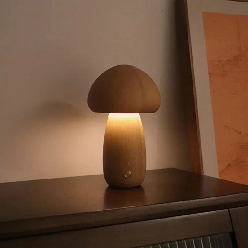 Touch-Controlled LED Night Light in Beech Wood - Cozy Mushroom Design