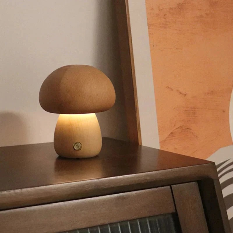 Touch-Controlled LED Night Light in Beech Wood - Cozy Mushroom Design