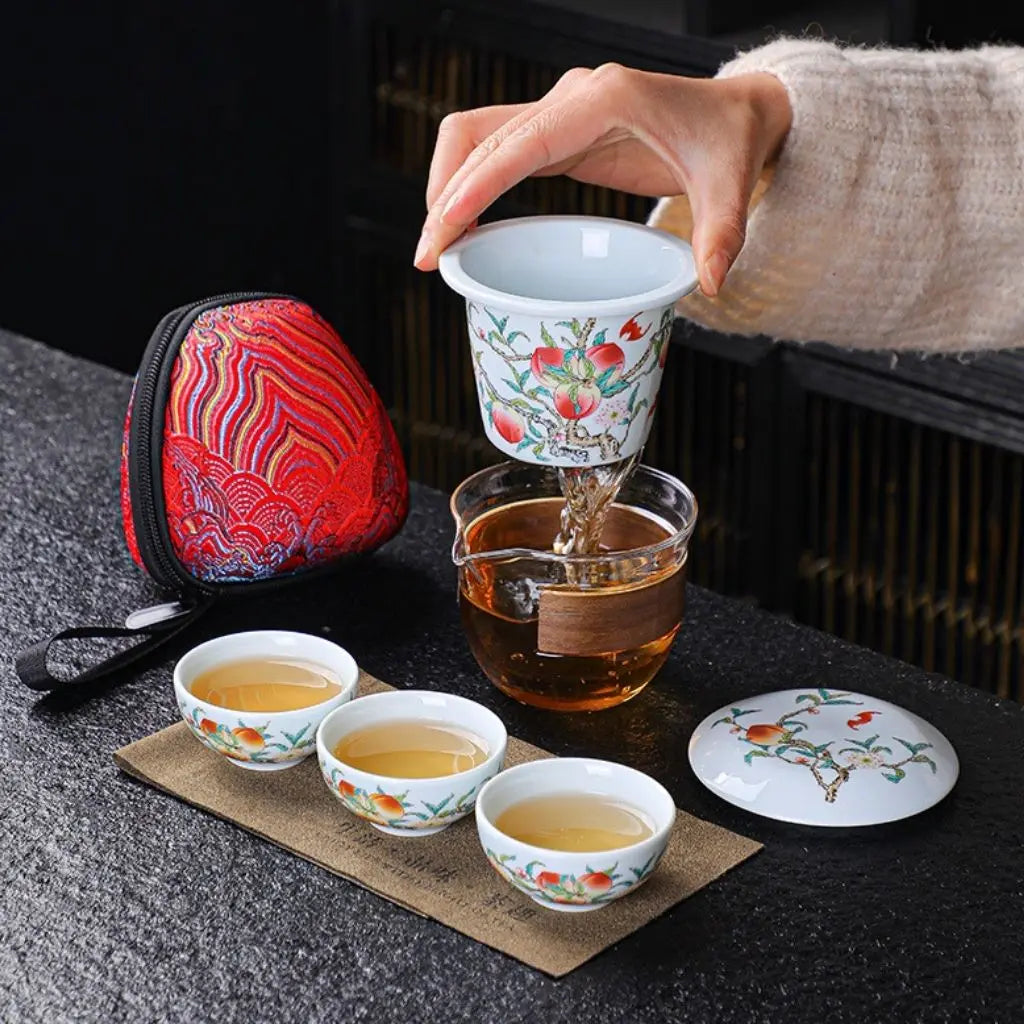 Portable Porcelain Tea Set with Bamboo Sleeve and Filter