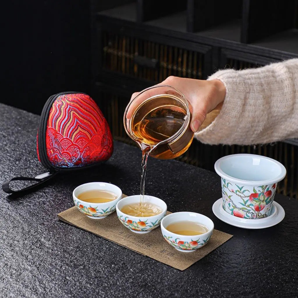 Portable Porcelain Tea Set with Bamboo Sleeve and Filter