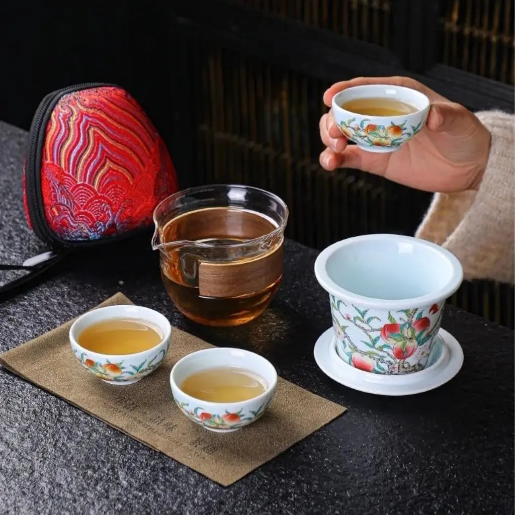 Portable Porcelain Tea Set with Bamboo Sleeve and Filter