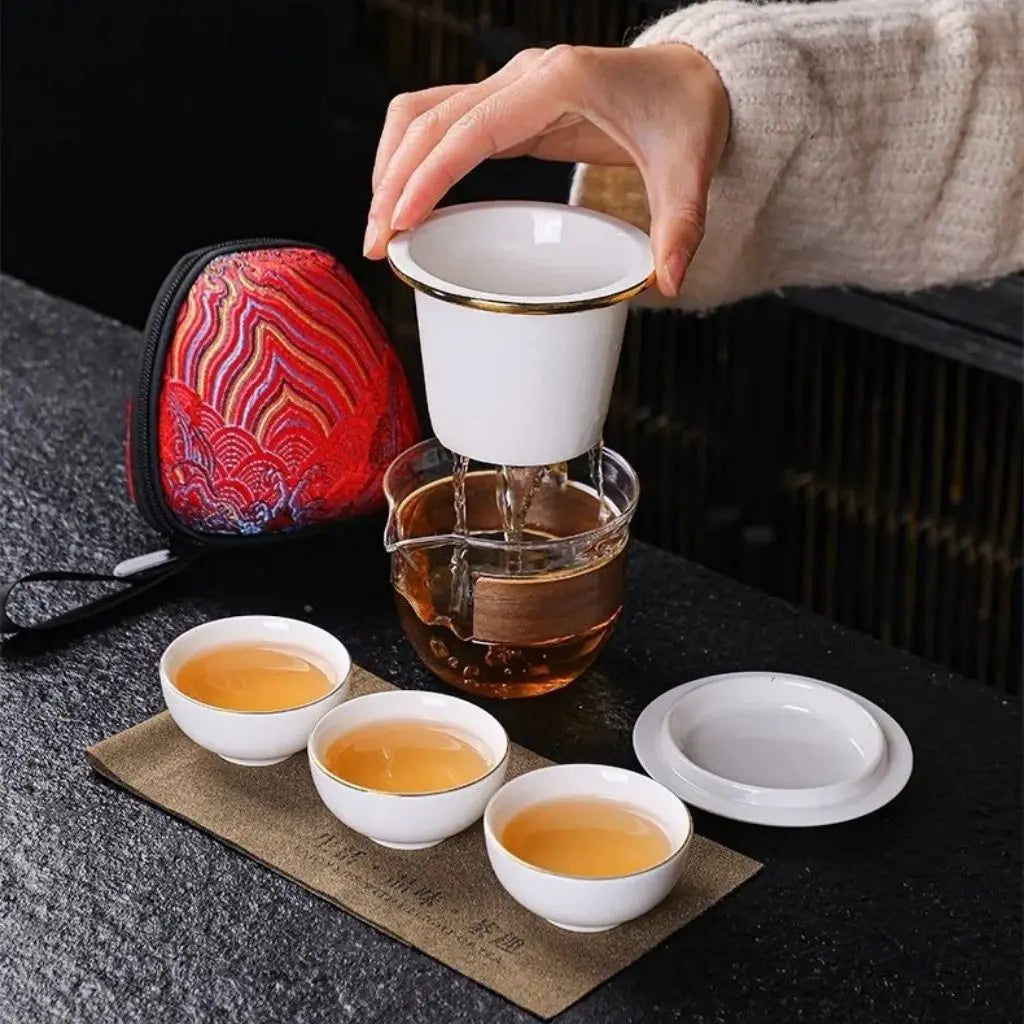 Portable Porcelain Tea Set with Bamboo Sleeve and Filter