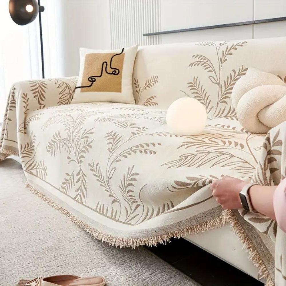 Stylish Cotton Blend Sofa Cover with Tassels - Non-Slip Chenille