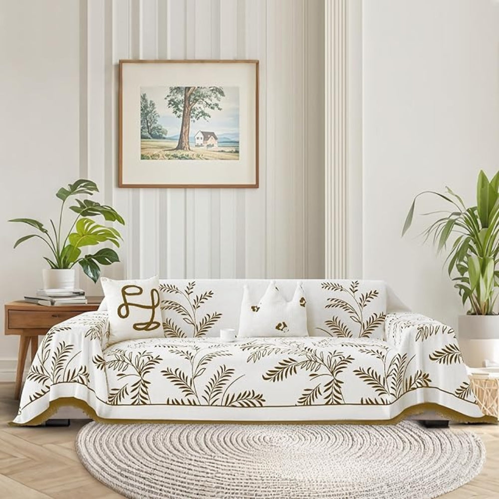 Stylish Cotton Blend Sofa Cover with Tassels - Non-Slip Chenille