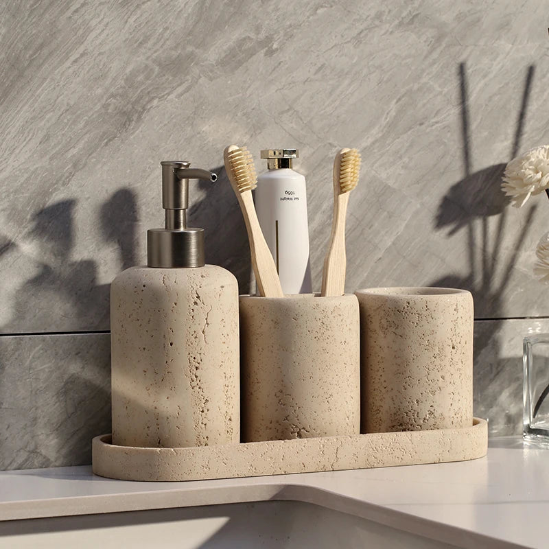 Beige Natural Travertine Stone Bathroom Accessory Collection