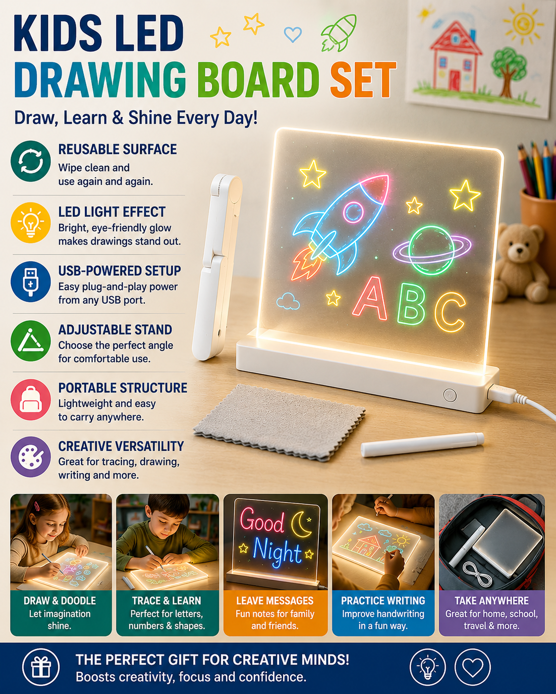 Light Up Writing Tablet for Kids - Reusable LED Drawing Board
