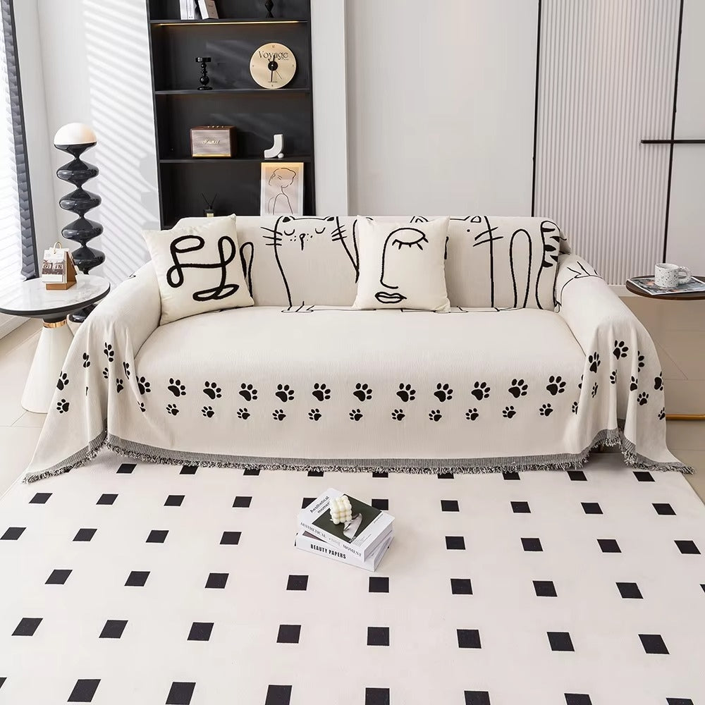 Chenille Fabric Sofa Cover for Cats - Playful Paw Design