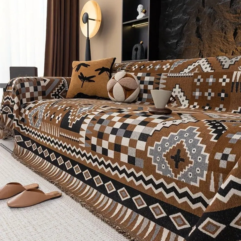 Ethnic Patterned Sofa Cover in Soft Chenille Fabric