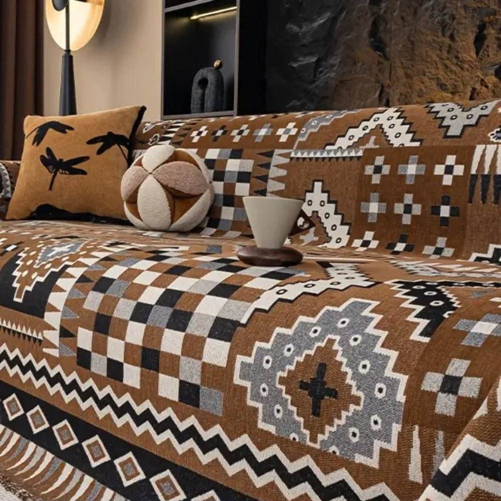 Ethnic Patterned Sofa Cover in Soft Chenille Fabric