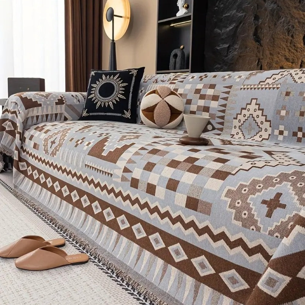Ethnic Patterned Sofa Cover in Soft Chenille Fabric