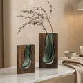 Modern Flower Vase with Natural Wood Base and Live Edge Glass for Home Decor