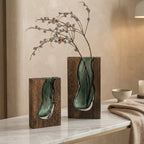 Modern Flower Vase with Natural Wood Base and Live Edge Glass for Home Decor