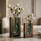 Modern Flower Vase with Natural Wood Base and Live Edge Glass for Home Decor