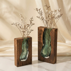 Modern Flower Vase with Natural Wood Base and Live Edge Glass for Home Decor