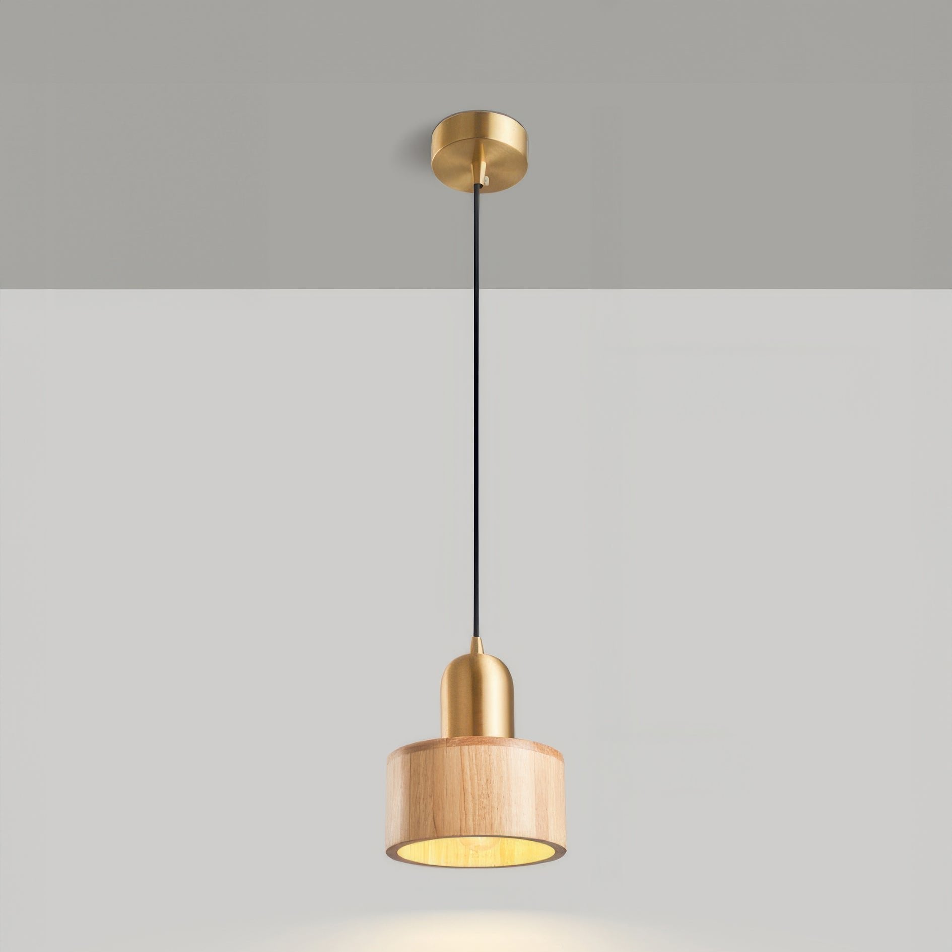 Walnut and Brass Hanging Lamp - Japanese-Style Cylinder Pendant Light