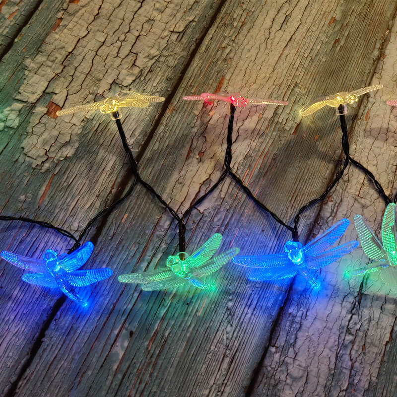 Multicolor LED Solar String Lights with Dragonfly Design