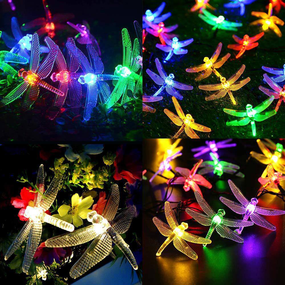 Multicolor LED Solar String Lights with Dragonfly Design
