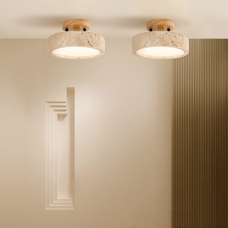 LED Ceiling Light with Wooden Base – Round Travertine Design