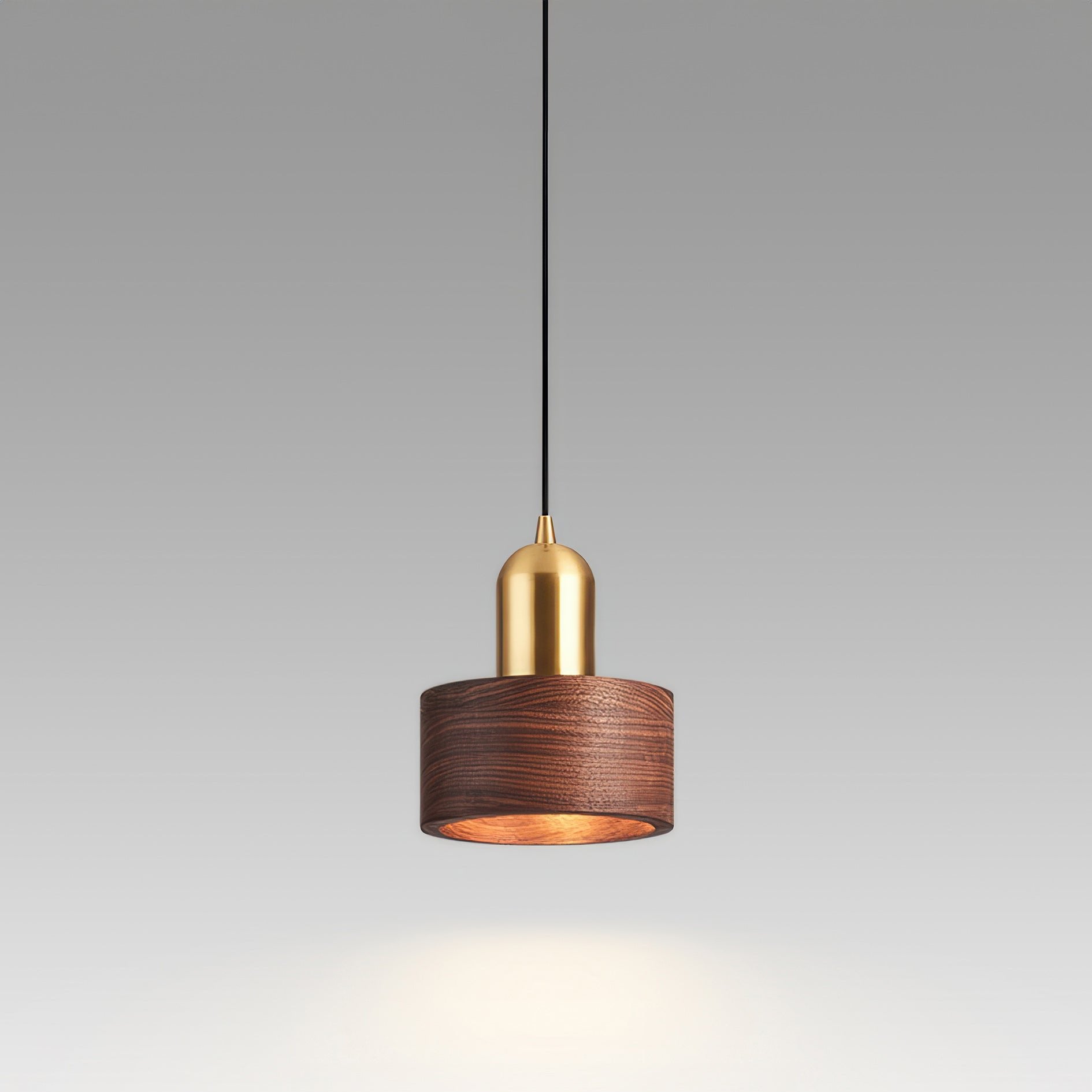 Walnut and Brass Hanging Lamp - Japanese-Style Cylinder Pendant Light
