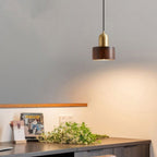 Walnut and Brass Hanging Lamp - Japanese-Style Cylinder Pendant Light