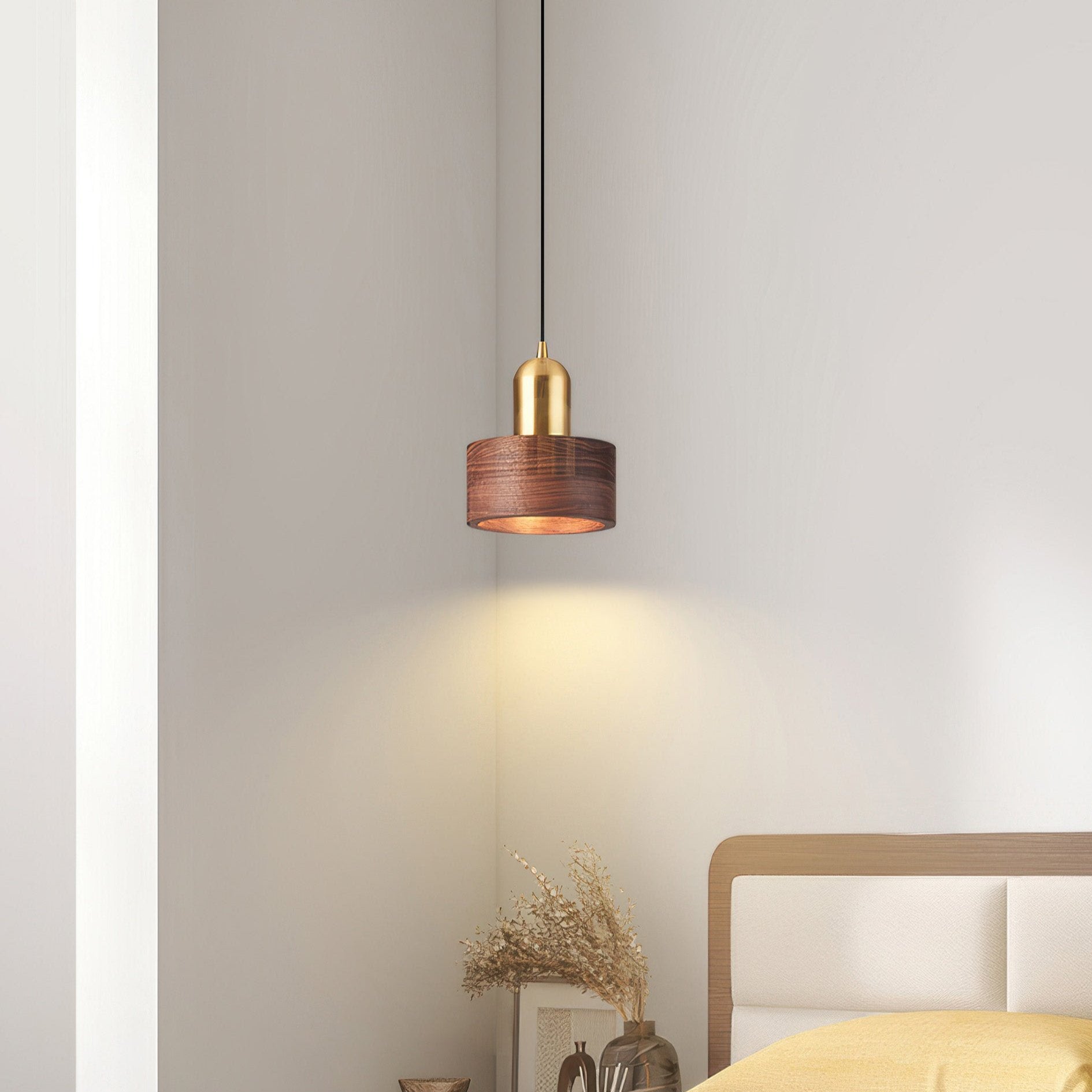 Walnut and Brass Hanging Lamp - Japanese-Style Cylinder Pendant Light