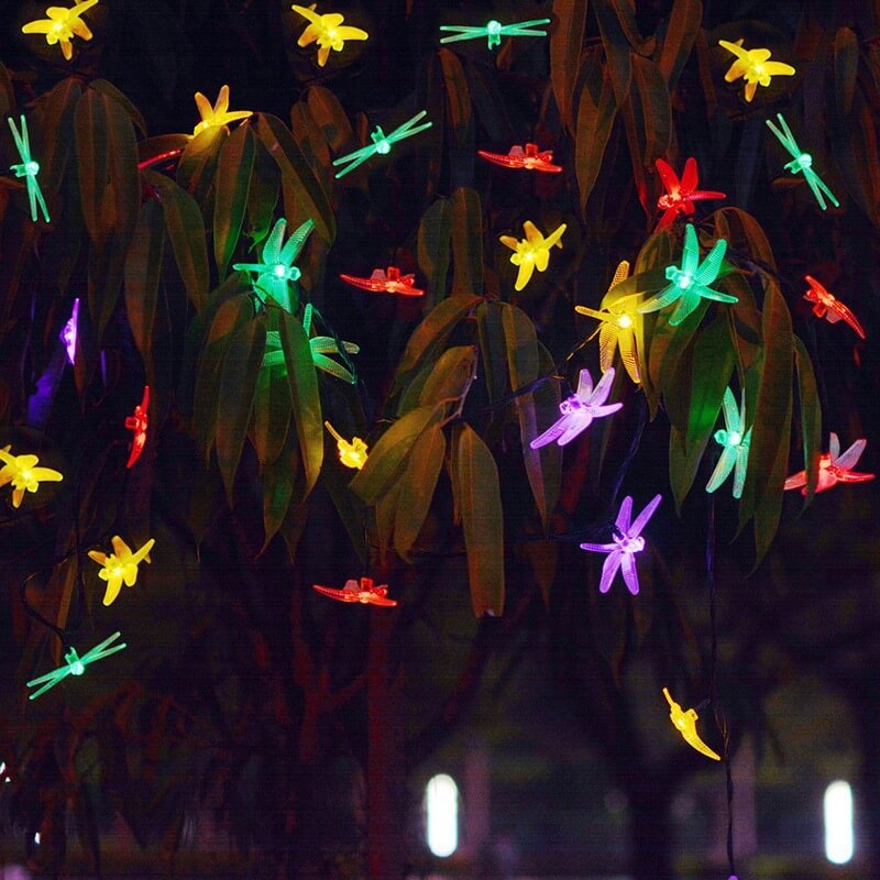 Multicolor LED Solar String Lights with Dragonfly Design