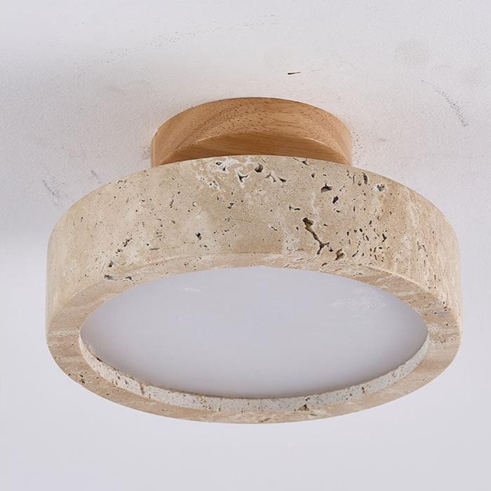 LED Ceiling Light with Wooden Base – Round Travertine Design