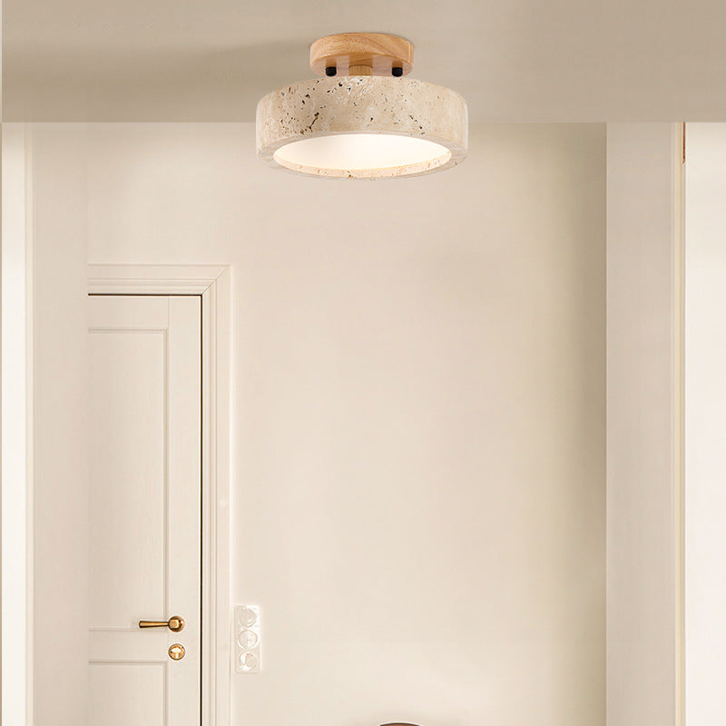 LED Ceiling Light with Wooden Base – Round Travertine Design