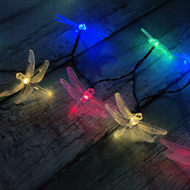 Multicolor LED Solar String Lights with Dragonfly Design