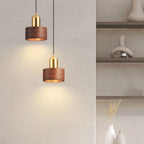 Walnut and Brass Hanging Lamp - Japanese-Style Cylinder Pendant Light