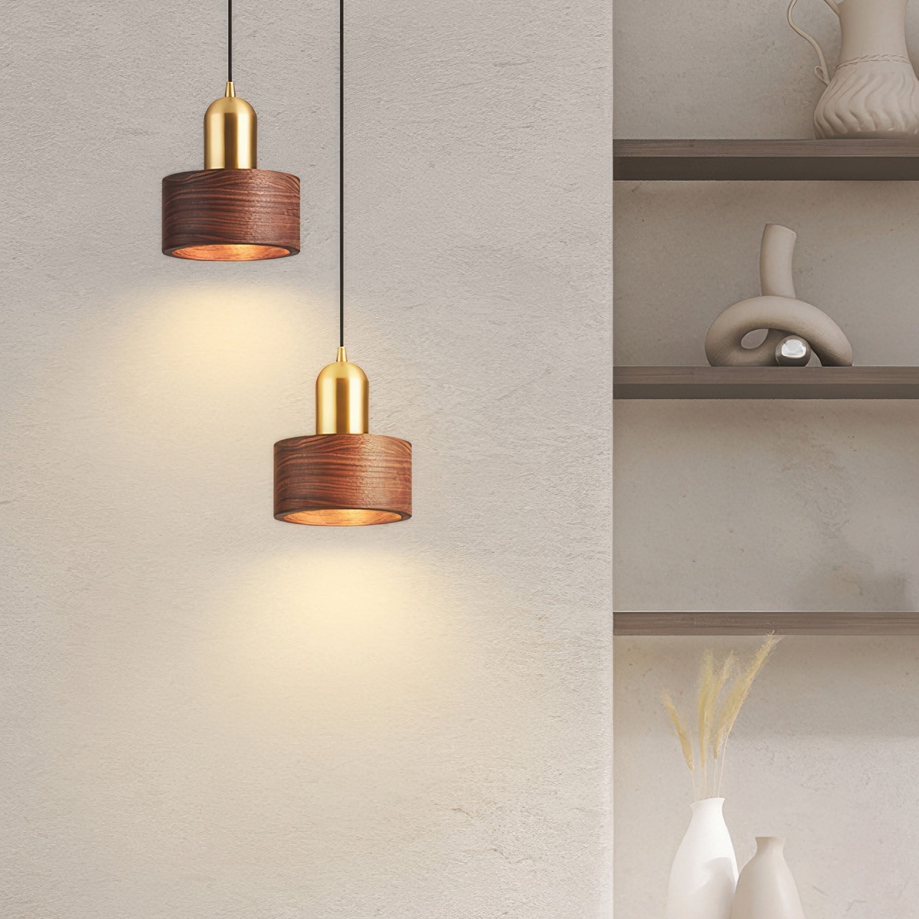 Walnut and Brass Hanging Lamp - Japanese-Style Cylinder Pendant Light
