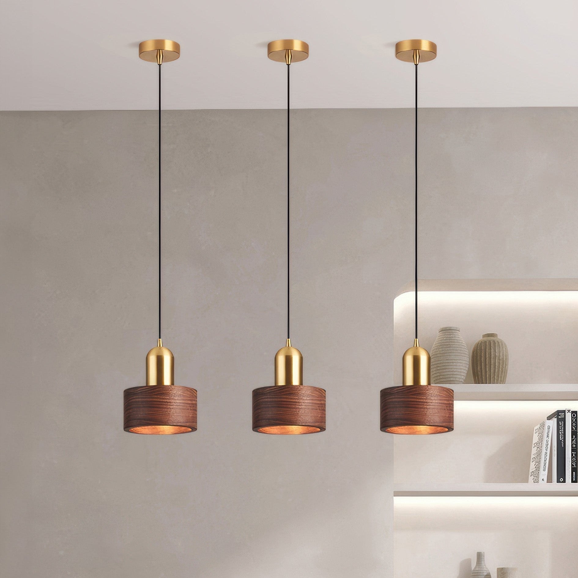 Walnut and Brass Hanging Lamp - Japanese-Style Cylinder Pendant Light