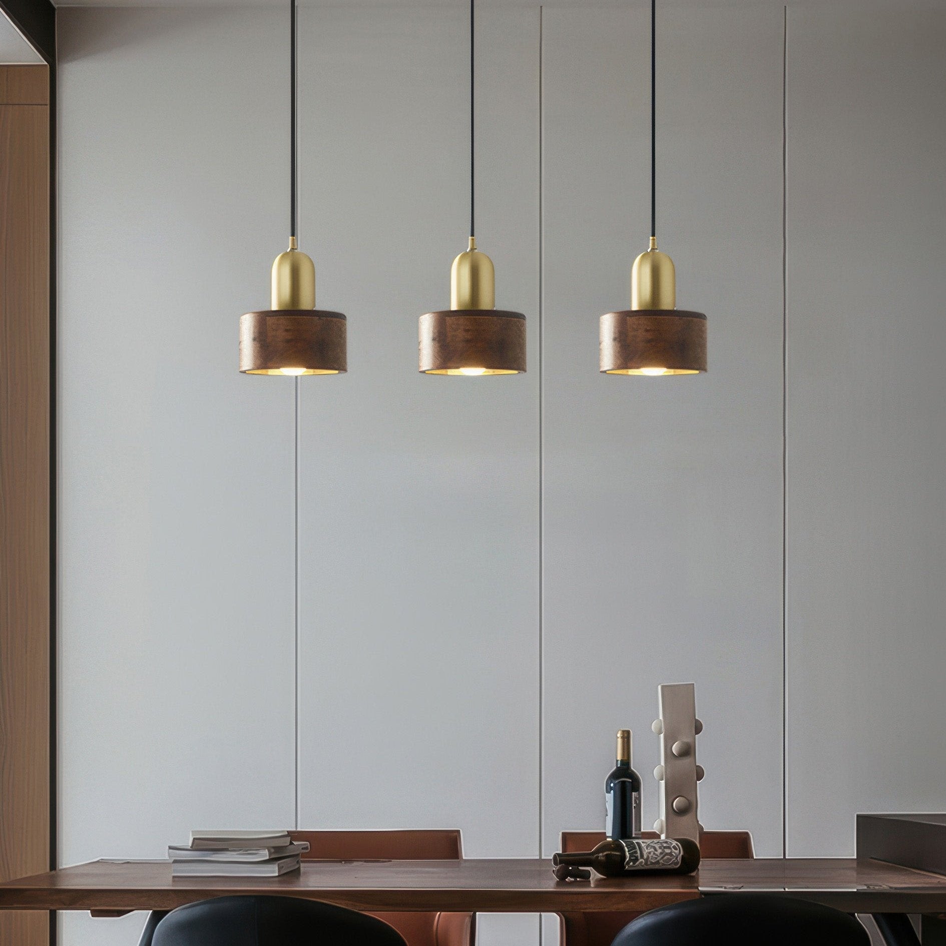 Walnut and Brass Hanging Lamp - Japanese-Style Cylinder Pendant Light