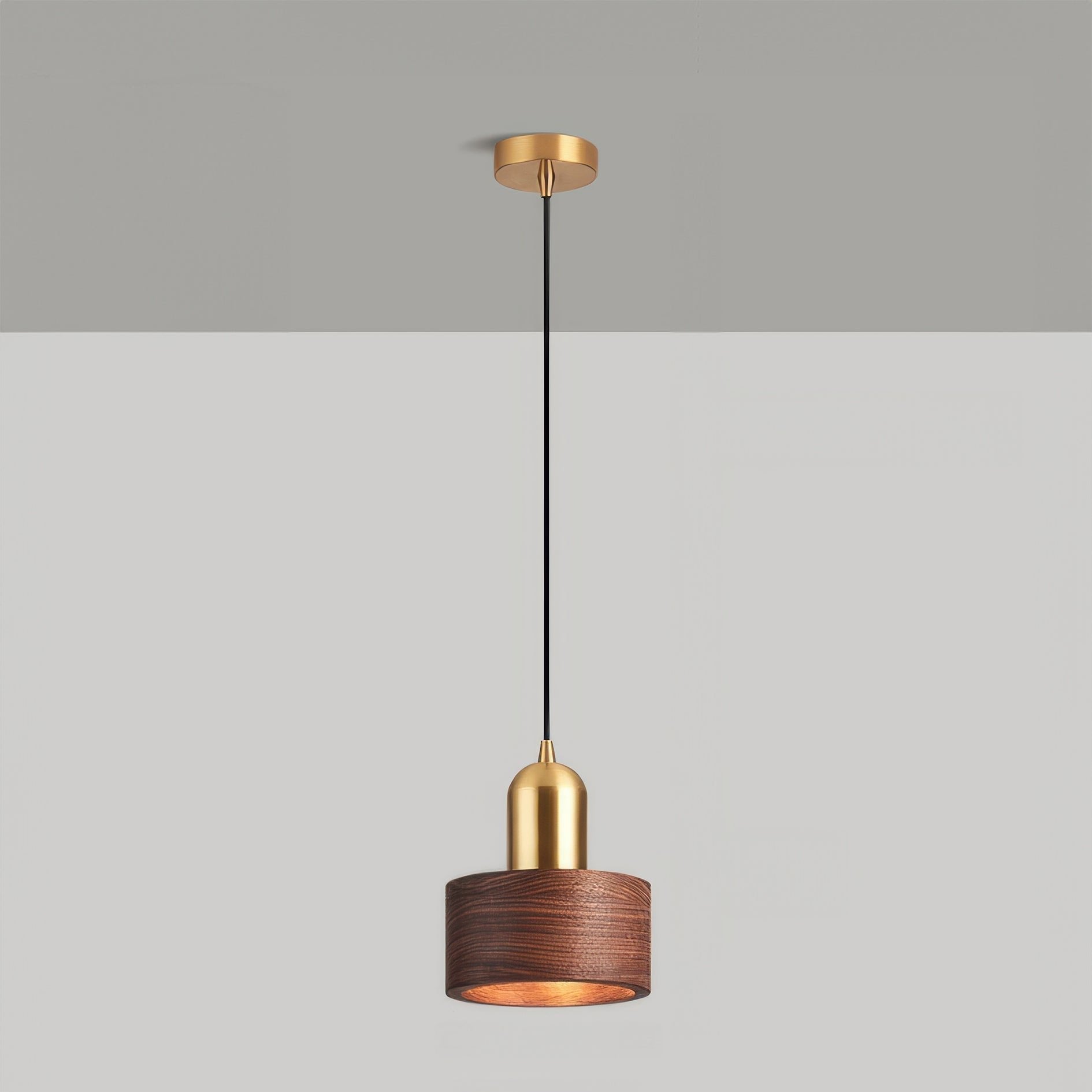 Walnut and Brass Hanging Lamp - Japanese-Style Cylinder Pendant Light