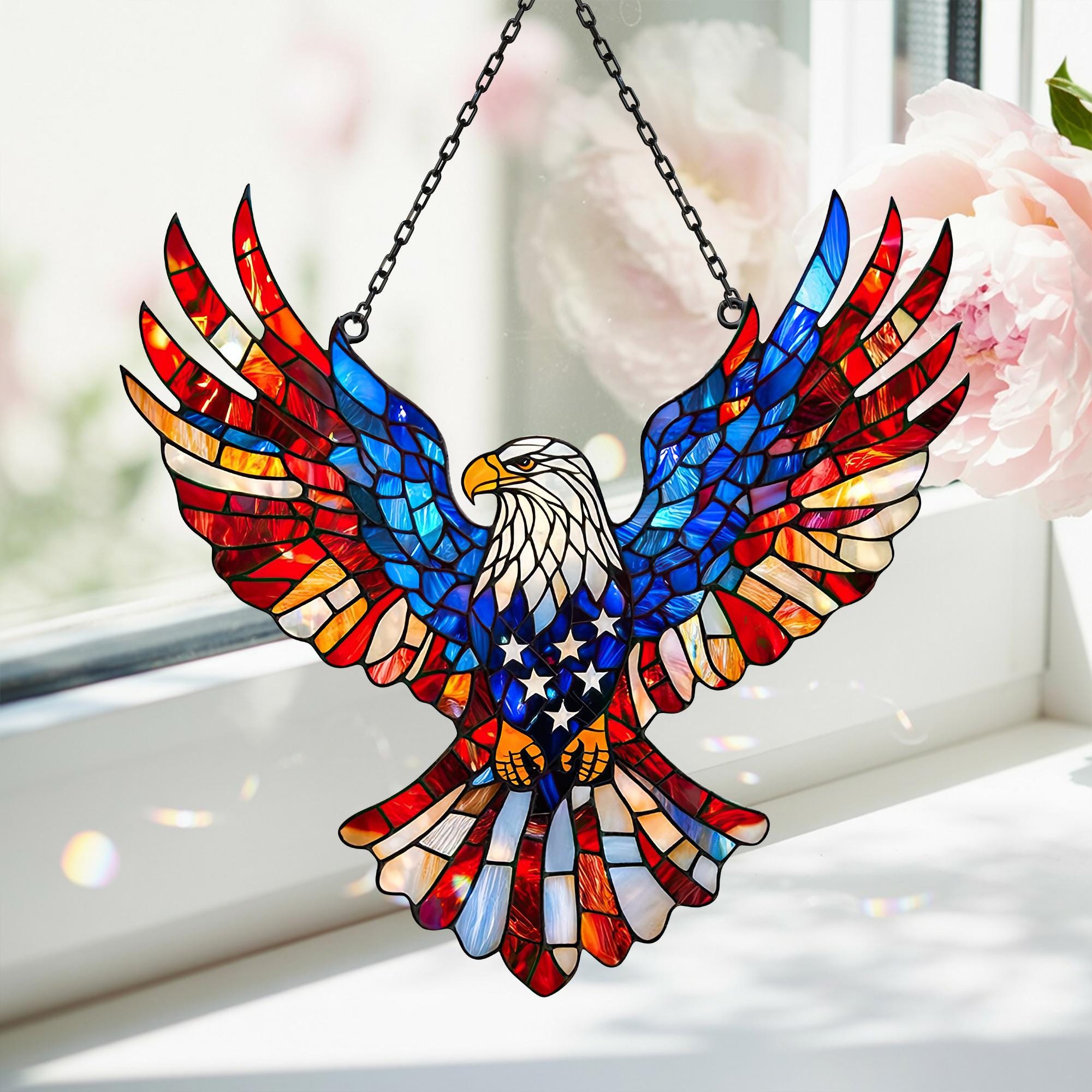 Stained Glass Suncatcher Featuring Patriotic Eagle Wall Decor