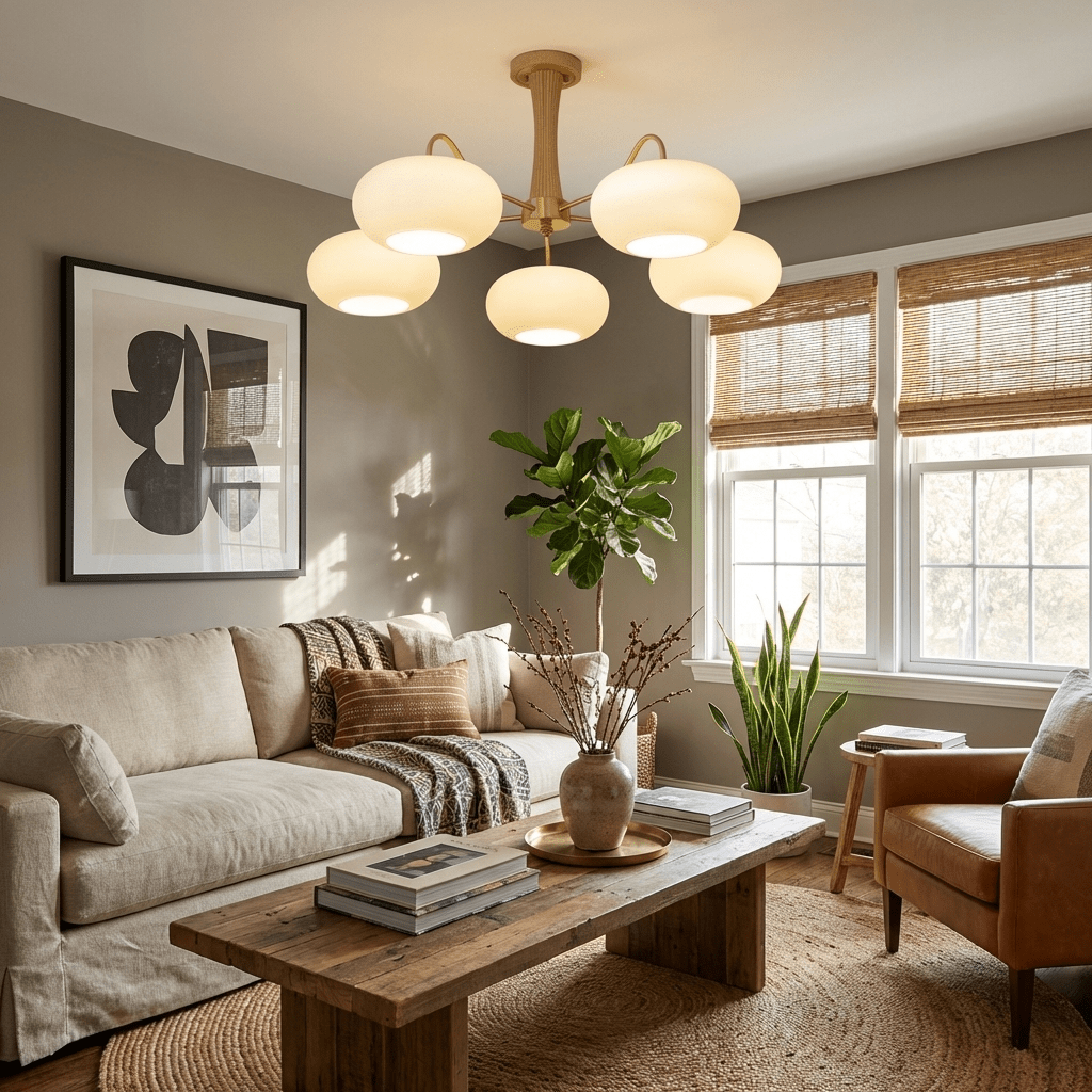 Elegant Brass and Wood Chandelier for Contemporary Dining Room