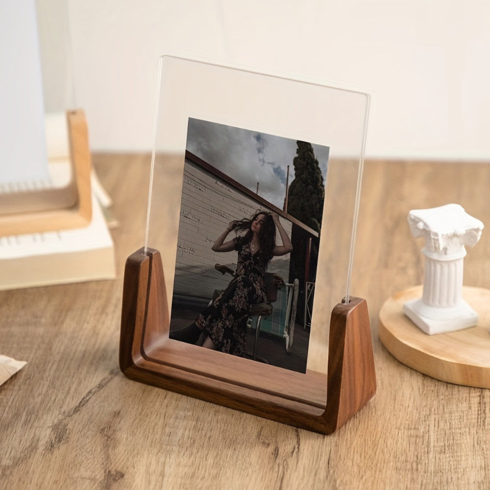 Acrylic Photo Frame with Solid Wood Base for Tabletop Display